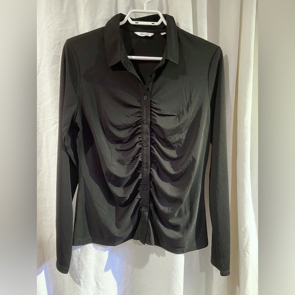 Reitmans Long-Sleeve Knitted Blouse with Shirt Collar - Black - Picture 2 of 7